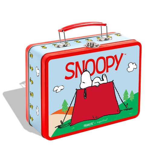 Snoopy-themed lunch box with a cartoon design on a white background