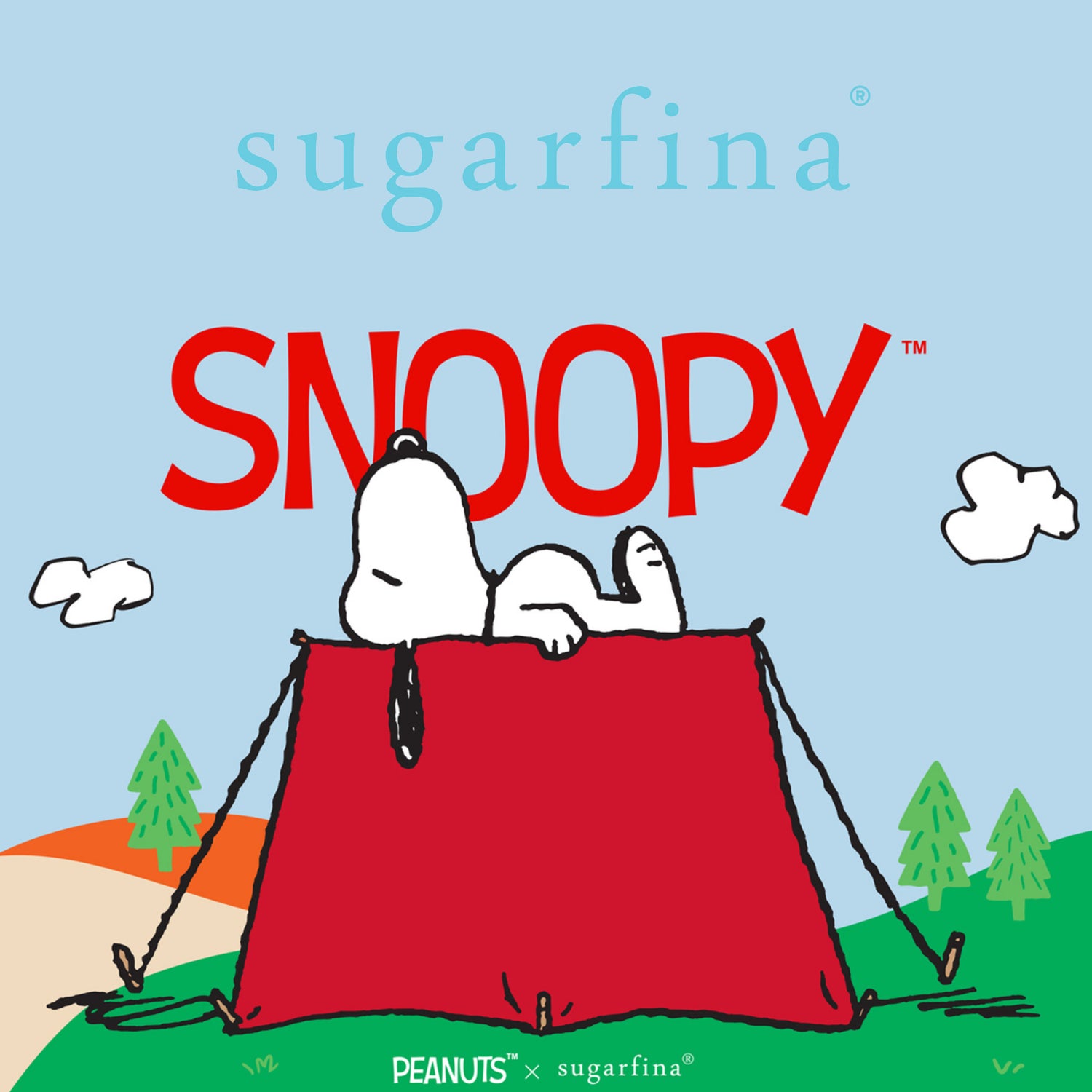 sugarfina Snoopy-themed product packaging with a cartoon dog in a red tent.