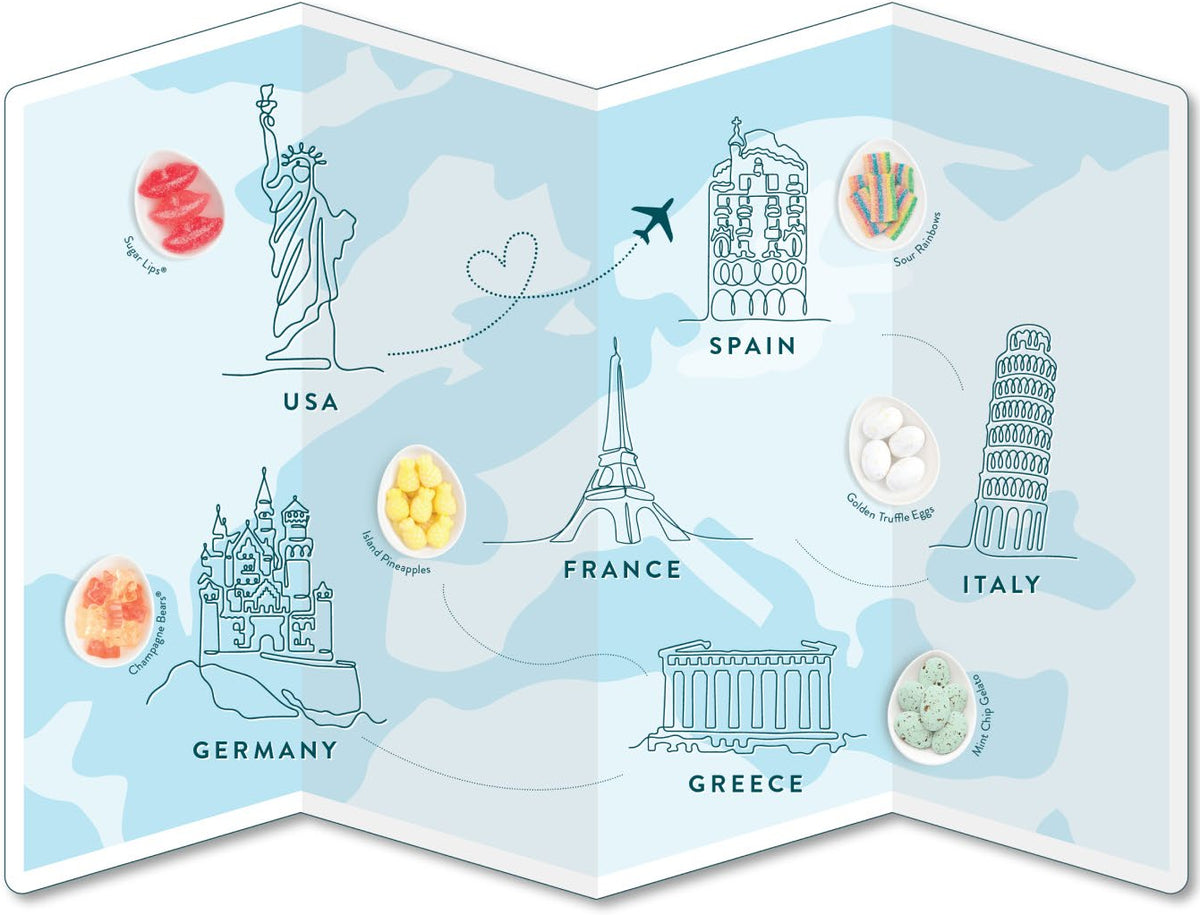 Map of Europe with famous landmarks and candies from the countries labeled