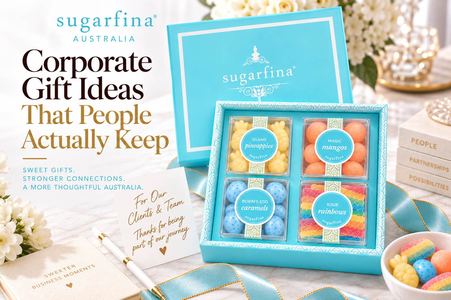 Sugarfina corporate gift box with branded candy cubes