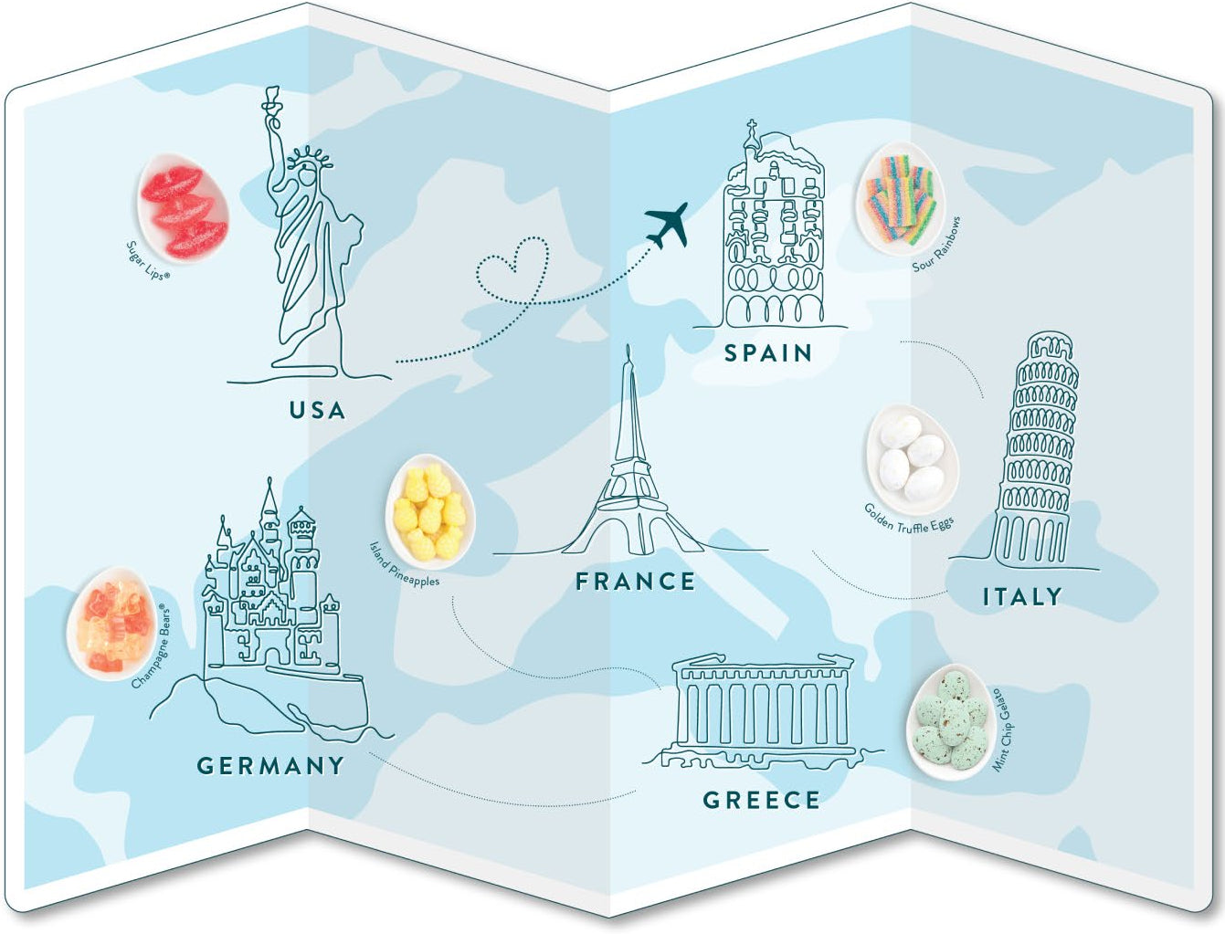 Map of Europe with famous landmarks and candies from the countries labeled